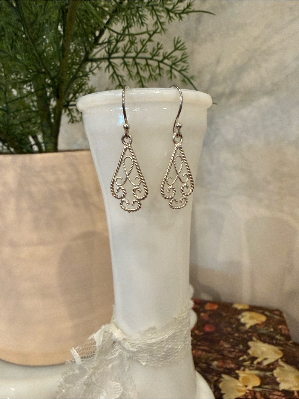 925 Sterling Silver Filigree Teardrop Dangle Earrings Open Scroll Italy Vintage